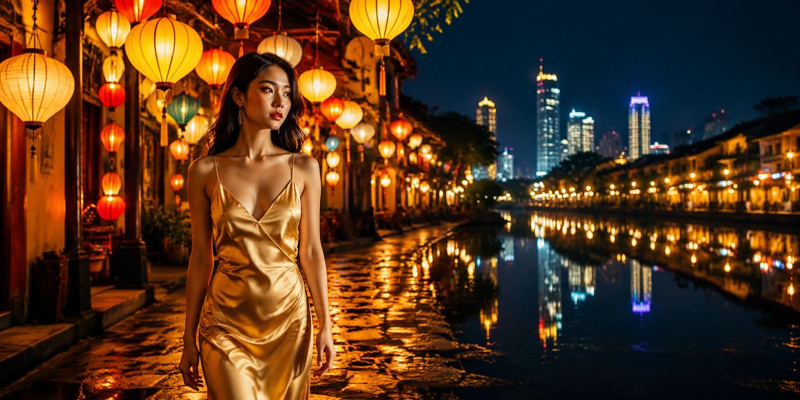 Chợ đêm Hội An với người chơi card game và giao dịch thanh toán qua điện thoại di động