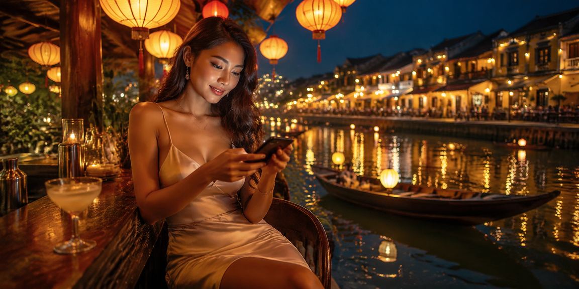 Người dùng Hội An ngồi cà phê dùng điện thoại mở ứng dụng casino f02 buổi sáng