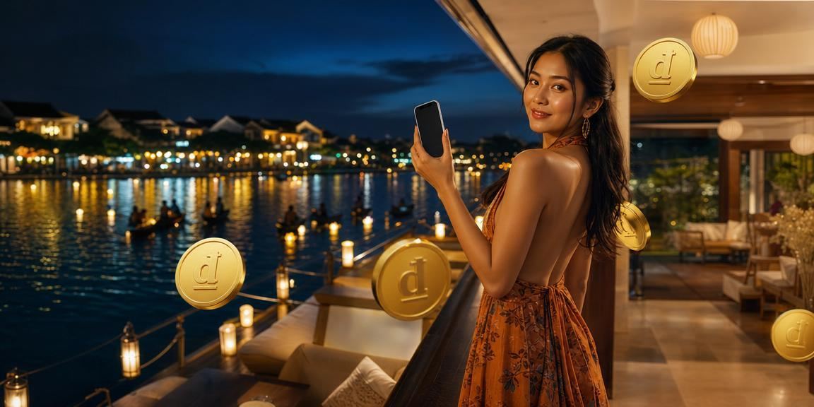 Người dùng Việt Nam truy cập casino trên điện thoại di động tại Hội An ban đêm