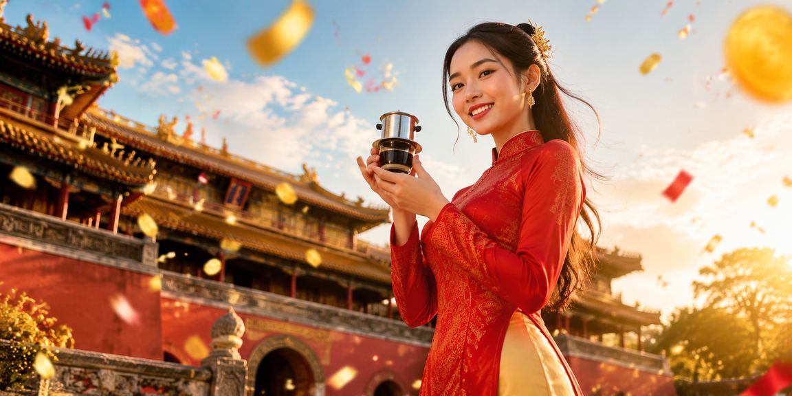 Người dùng đặt cược thể thao trên điện thoại trong một quán cà phê truyền thống tại Huế buổi sáng